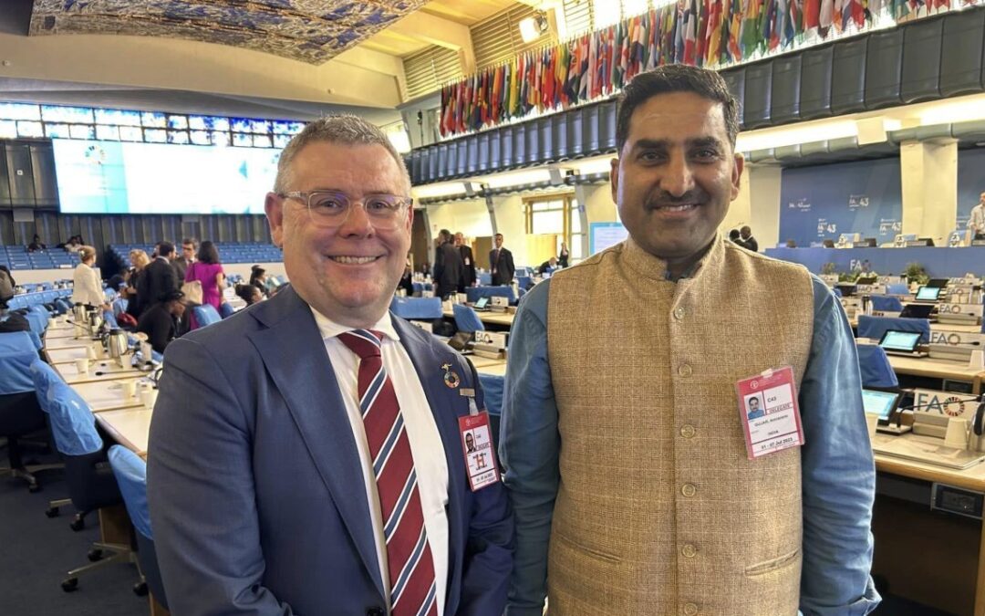 Australian Agriculture Minister Murray Watt and India’s Deputy Chief of Mission in Rome, Amararam Gujar, at the UN Food and Agriculture Organization conference in Rome. Photo: Office of Murray Watt